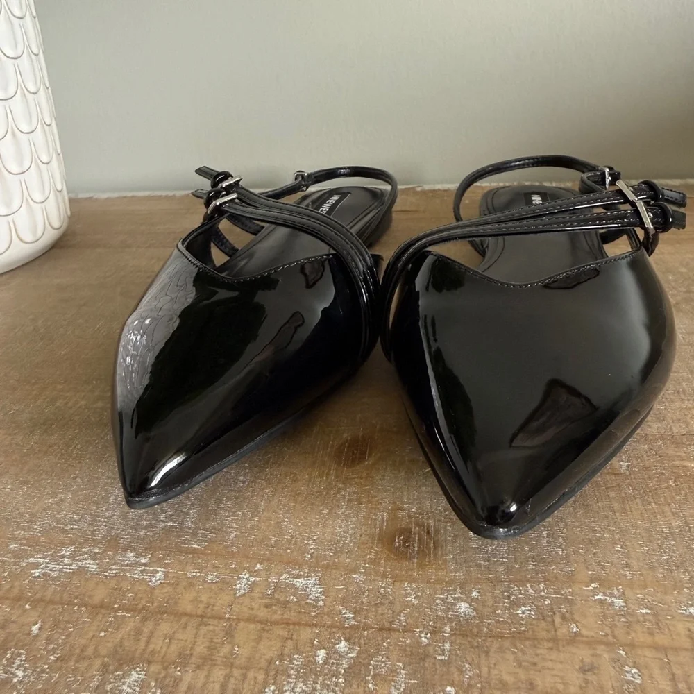 Nine West Black Patent Pointed Slingback Flats with Double Straps